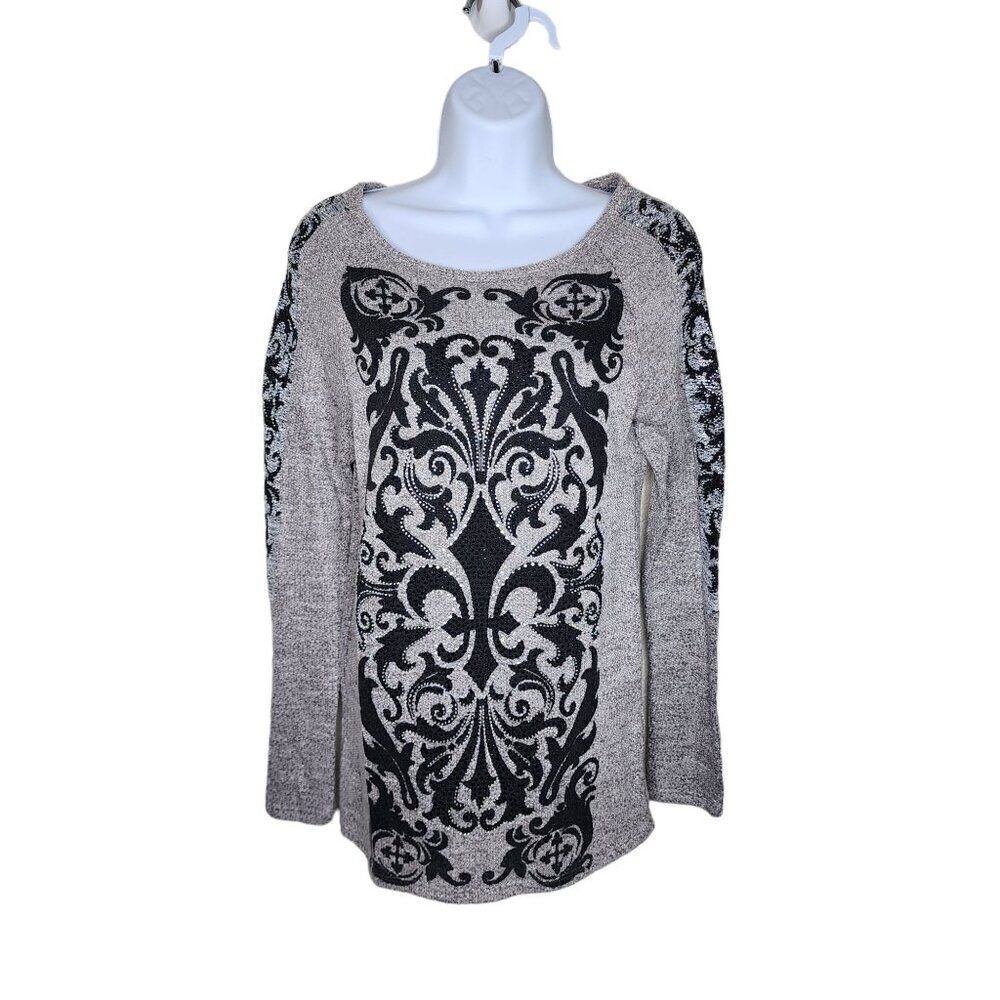 Vintage Y2K Vocal Long Sleeve Fleur De Lis Bedazzled Shirt Top Womens Size S Gra